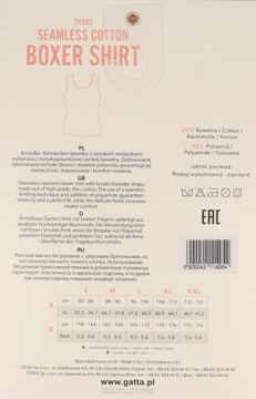 Tył beżowego opakowania koszulki damskiej Gatta Seamless Cotton Boxer Shirt, z opisem, składem i tabelą rozmiarów.