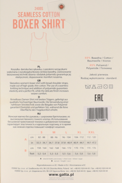 Tył opakowania koszulki damskiej Gatta Seamless Cotton Boxer Shirt, beżowe, z opisem, składem i tabelą rozmiarów.