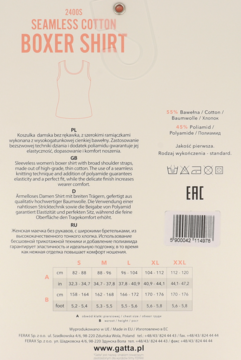 Tył beżowego opakowania damskiej koszulki Seamless Cotton Boxer Shirt z rozmiarami i opisem produktu.