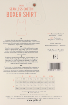 Tył opakowania koszulki damskiej Gatta Seamless Cotton Boxer Shirt z tabelą rozmiarów i składem materiału.