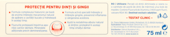 Tył opakowania pasty Lacalut Activ, kremowe tło, czerwony napis "PROTECȚIE", "TESTAT CLINIC", i 75 ml.