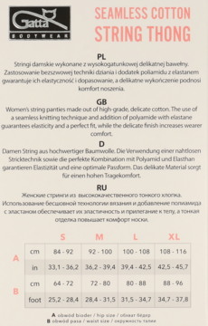 Gatta Seamless Cotton String Thong: multi-language description and detailed size chart with hip/waist measurements.