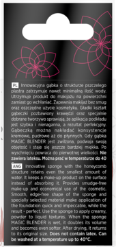 Tył czarnego opakowania gąbki MAGIC BLENDER z różowymi wzorami, instrukcjami i informacją honeycomb structure.