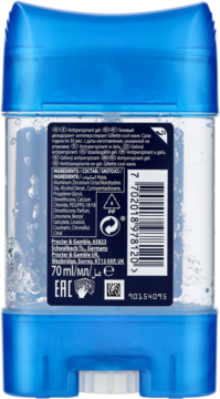 Tył przezroczystego antyperspirantu Gillette Cool Wave 70 ml w żelu, z niebieską nakrętką i czytelną etykietą.