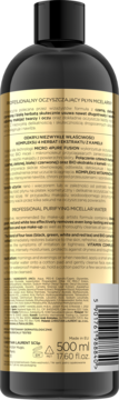 Tył czarnej butelki Professional Purifying Micellar Water 500ml, złota etykieta z tekstem o 4 herbatach.