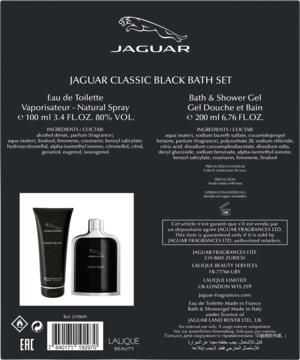Tył czarnego opakowania zestawu Jaguar Classic Black: woda toaletowa 100ml i żel 200ml z opisami, ujęcie centralne.