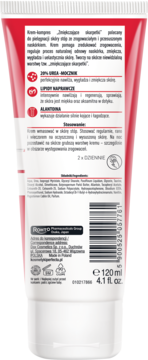Tył białej tubki kremu Perfecta Zmiękczające skarpetki, 20% Urea, z opisem i składem, 120 ml.