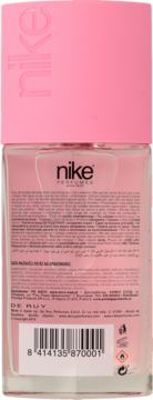 Tył różowej butelki perfum Nike Woman Sweet Blossom, widoczne etykiety, kod kreskowy i symboliki.