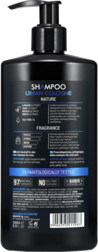 Tył czarnej butelki szamponu Urban Cologne Nature, przeciwłupieżowy, z pompką, widoczne 97% naturalnych składników.