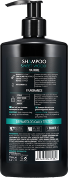 Tył czarnego szamponu BarberX Sweet Wood Nature dla mężczyzn, formuła przeciw wypadaniu włosów.