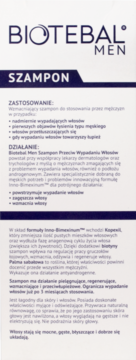 Biotebal Men Szampon przeciw wypadaniu włosów, tył opakowania z opisem działania w języku polskim.