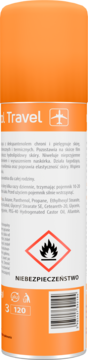 Pomarańczowa pianka regenerująco-łagodząca Travel, tył z etykietą, kodem kreskowym, ikoną samolotu i ostrzeżeniem łatwopalności.