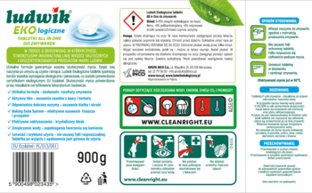 Ekologiczne tabletki do zmywarek Ludwik EKO hygiene, opakowanie 900g, biało-zielone, z liśćmi, widok z przodu.