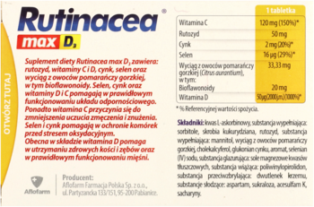Rutinacea Max D3, suplement diety w biało-żółtym opakowaniu, z przodu, z otwartą klapką z lewej.