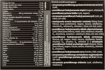 Ciemne pudełko suplementu diety Vitotal dla mężczyzn, z widoczną tabelą składników i opisem korzyści.