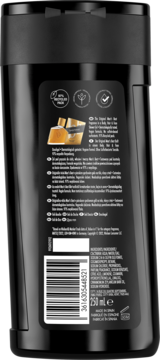Tył czarnej butelki żelu pod prysznic bruno banani Man’s Best 250ml, widoczny kod kreskowy i skład.