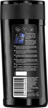 Widok z tyłu czarnej butelki żelu Bruno Banani Magic Man 250ml, etykieta ze składnikami i ikonami recyklingu.