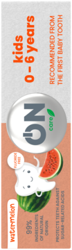 ON care kids 0-6 years watermelon fluoride-free toothpaste in white & orange tube, protects baby teeth from sugar acids.