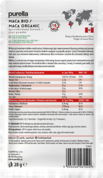Purella Maca Organic root powder, tył białej torebki z mapą Peru, składem i tabelą wartości odżywczych.