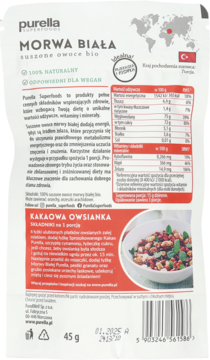 Tył białego opakowania Purella Morwa Biała suszone owoce bio 45g, z tabelą wartości odżywczych i przepisem.