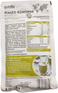 Purella Superfoods Białko Konopne proszek bio w białej torebce, tył opakowania z danymi odżywczymi i przepisem.