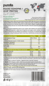 Purella Hemp Protein organic powder, tył białego opakowania z zielonymi napisami i tabelą wartości odżywczych.