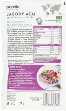 Tył białego opakowania Purella Jagody Acai w proszku, z tabelą wartości odżywczych i przepisem na bowl.