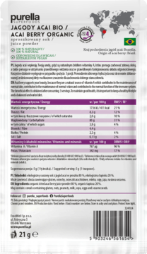 Tył białej saszetki Purella SuperFoods Acai Berry Organic juice powder, z fioletowym tekstem i tabelą wartości odżywczych.