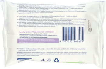 Chusteczki intymne Facelle Fresh, tył opakowania, biodegradowalne, 20 sztuk, z kodem kreskowym.