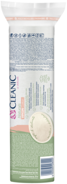 Tył opakowania płatków Cleanic Naturals Virgin Cotton: białe tło, zielono-różowe elementy, tekst i kod kreskowy.