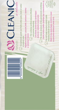 Cleanic Naturals Virgin Cotton, delikatne kwadratowe płatki kosmetyczne 100% bawełny, widok opakowania z teksturą sztruksową.