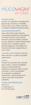 Tył opakowania MucoVagin emulsja. Biała etykieta z polskim tekstem: instrukcje, składniki, ostrzeżenia i producent Verco.