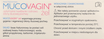 MucoVagin żel w beżowym opakowaniu, widok z przodu. Nawilża i regeneruje błonę śluzową pochwy. Skład: kwas hialuronowy.