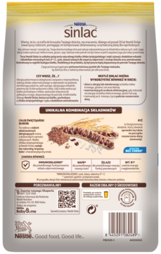 Tył opakowania kaszki Nestle Sinlac bezglutenowej i bez mleka, z informacjami o składzie i kodem QR.