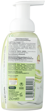 Tył butelki mydła w piance Isana 250ml o zapachu kremu, widoczne składniki i kod kreskowy.