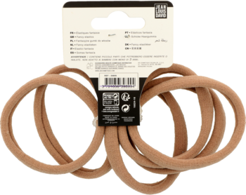 Zestaw sześciu beżowych gumek do włosów, widok z tyłu opakowania, z białym kartonikiem pośrodku.