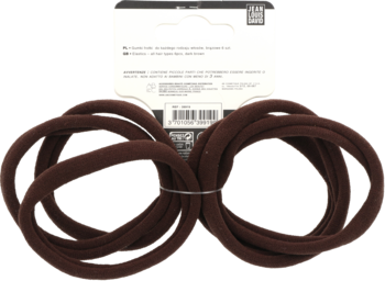 Brązowe gumki frotki do włosów, 6 sztuk, widok z góry na częściowo widocznym opakowaniu.