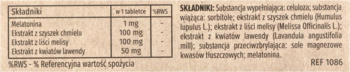 Tabela składników suplementu na sen z melatoniną, chmielem, melisą i lawendą, zbliżenie na skład i opis działania.