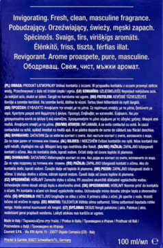 Gillette Series woda po goleniu, tył ciemnoniebieskiej butelki z białym opisem zapachu 100 ml.