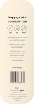 Tył opakowania długopisu Happy Color, żelowego usuwalnego, z kodem kreskowym i info o niebieskim wkładzie 0.5mm.