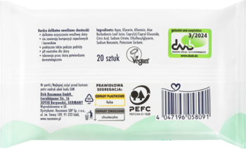 Tył opakowania bardzo delikatnych nawilżanych chusteczek, z listą składników i certyfikatami Vegan, PEFC.