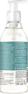 Tył przezroczystej butelki tołpa.dermo face clean żel do twarzy z pompką, widoczna zielona etykieta.