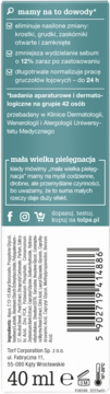 Tołpa dermo face na noc, tył turkusowo-białego opakowania z polskimi claims redukcji trądziku i sebum.