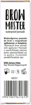 Białe opakowanie wodoodpornej pomady do brwi Brow Master, z czarnym tekstem i kodem kreskowym, widok z tyłu.