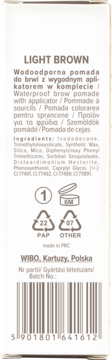 Tył opakowania wodoodpornej pomady do brwi Wibo w kolorze LIGHT BROWN, ze składnikami i symbolami recyklingu.