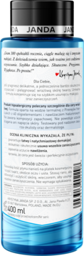 Niebieska butelka JANDA, widok z tyłu, hipoalergiczny płyn micelarny 400ml do cery wrażliwej, opis w języku polskim.