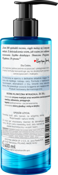 Tył niebieskiej butelki z pompką, Hialuronowy żel micelarny Janda do demakijażu 400ml, etykieta z opisem.