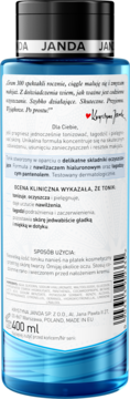 Tył niebieskiej butelki hialuronowego toniku Janda z pantenolem, widoczny opis i sposób użycia.