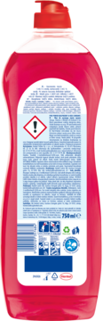 Tył różowej butelki Pur Power płynu do naczyń Raspberry & Red Curant 750 ml, widoczna etykieta z ostrzeżeniami.