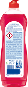Tył różowego płynu Pur Power Raspberry & Red Currant 750ml, z białymi etykietami, instrukcjami i kodem kreskowym.